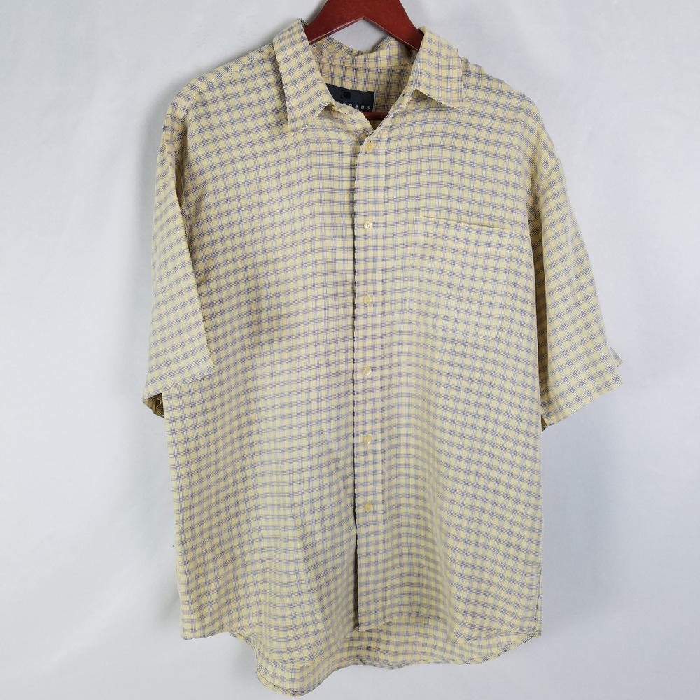 Consensus Mens‎ Large Beige Blue Plaid Short Sleeve Button Up Shirt Pocket